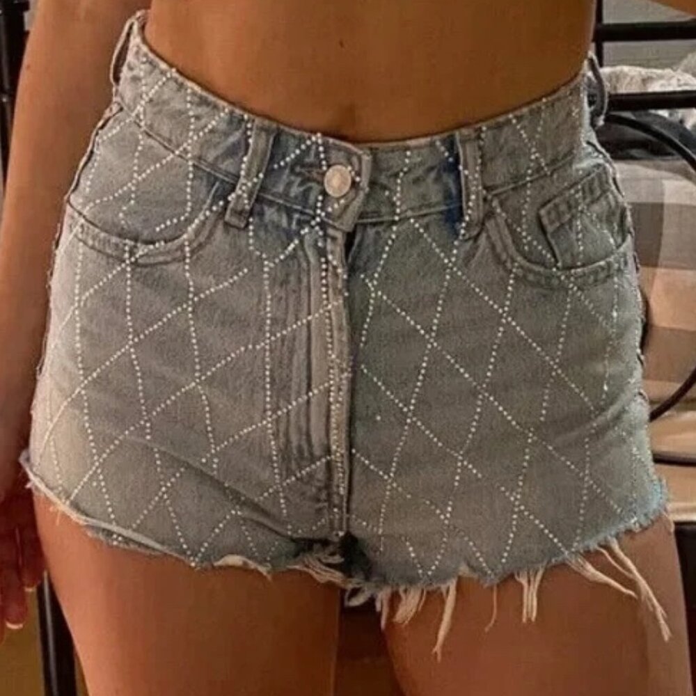 Zara High Waisted Jean Shorts Rhinestone Size 2